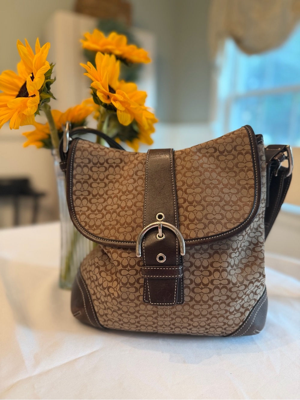 Coach Signature Brown Jacquard Leather Trim Shoulder Bag EUC